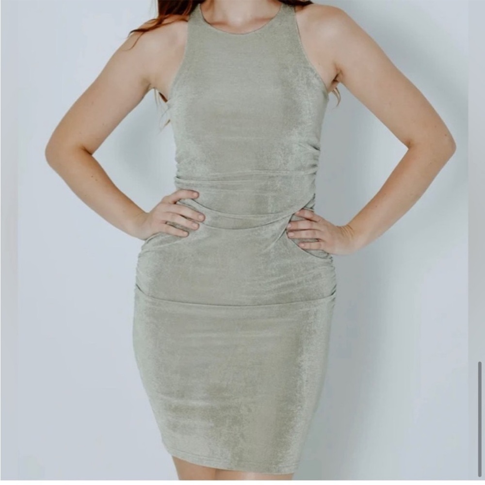 KLASSY Sage Green High Neck Open Back Brami Dress